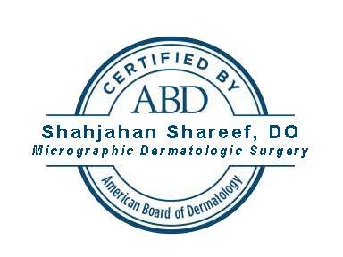 badge saying: Shahjahan Shareef, DO, Micrographic Dermatologic Surgery, certified by American Board of Dermatology